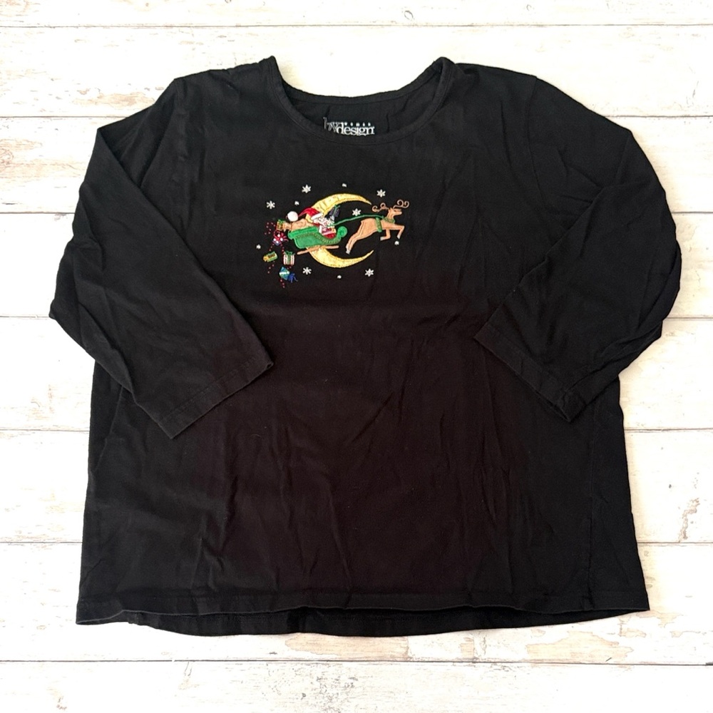 Women’s XL Black Christmas Shirt Santa Sleigh Embroidery 3/4 Sleeve 100% Cotton